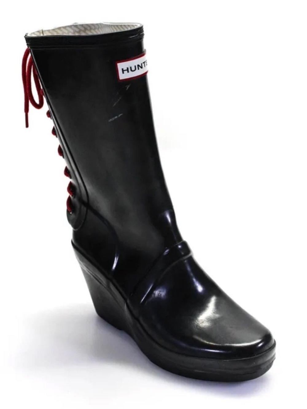 Hunter Black Wedge Rain Boot with Red Lace Back